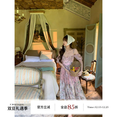 F boutique「house*cb蔷薇花园」莱赛尔天丝印花重工鱼骨连衣裙