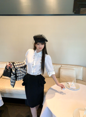 F boutique【断码清仓】v*t奢牌蝴蝶结泡泡袖衬衫+荷叶边中裙