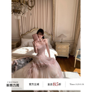 boutique「仙踪粉雾」重工79裁片压褶打揽蕾丝网纱抹胸连衣裙