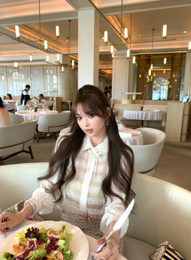 F boutique「白羽蕾丝」100%人丝镂空真丝木耳边翻领富家女衬衫