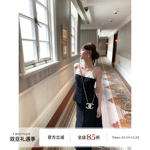 F boutique【现货】手工坊珍藏 山茶花钉珠小香风粗花呢吊带+半裙