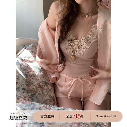 F boutique「定制法蕾」Ch1oe玫瑰花刺绣水溶蕾丝针织背心+短袖