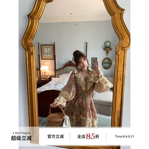 F boutique「佩斯利」zim复古印花蕾丝拼接泡泡袖连衣裙娜扎同款
