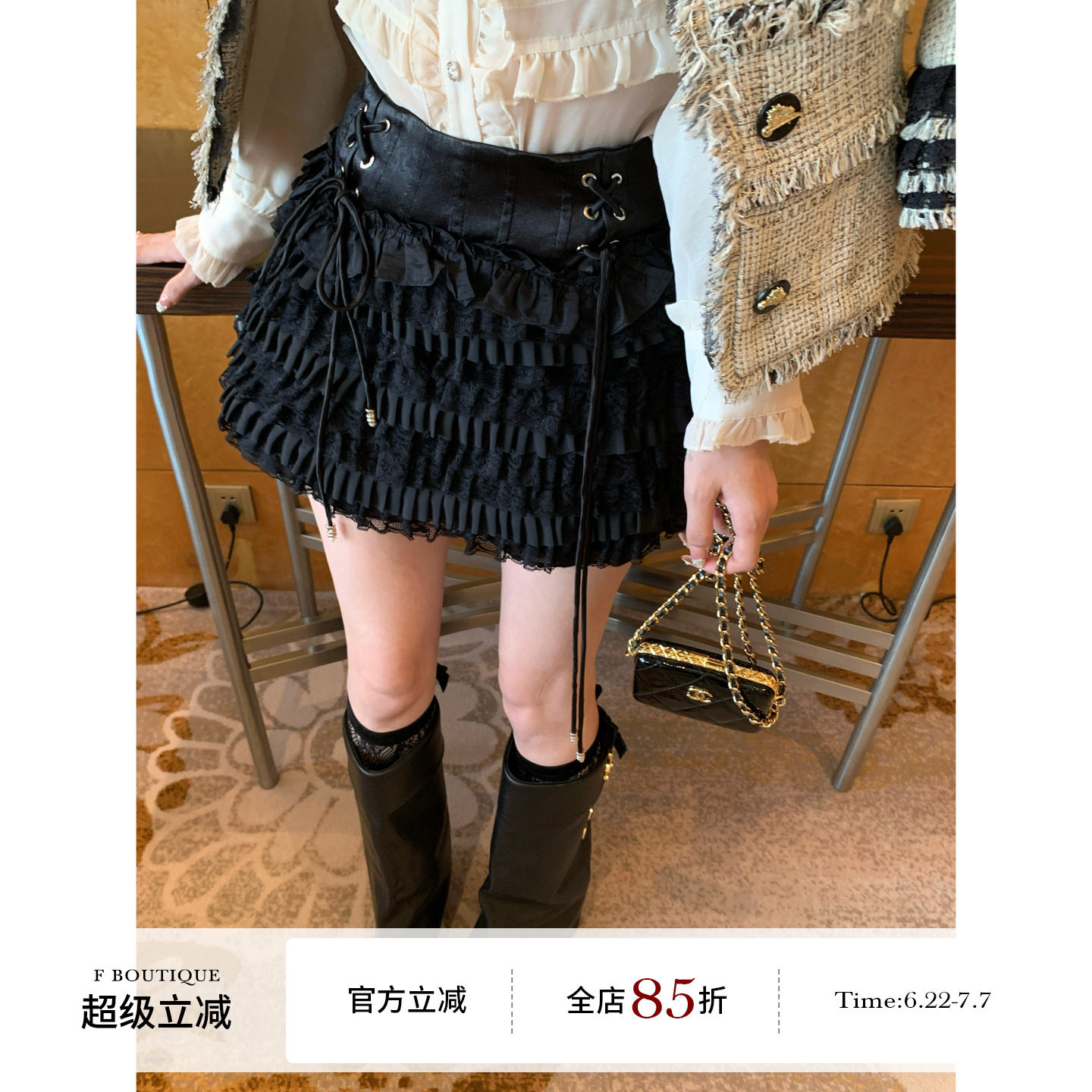 F boutique 怒推超重工!!中古doll复古鱼骨高腰绑带蕾丝蛋糕裙裤