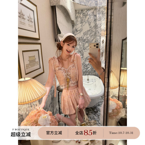 F boutique「Ch1oe2w+」yb定制刺绣蕾丝直喷印花绑带吊带+灯笼裤