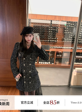 F boutique「康朋街」25n yb开版黑色格纹粗花呢翻领小香长外套