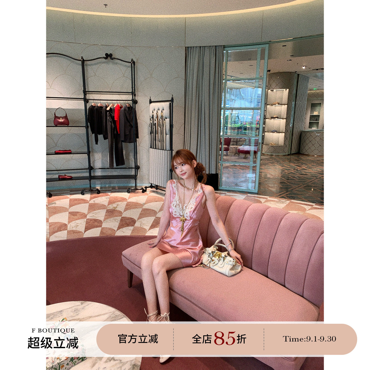 F boutique「江坂丽奈」Ch1oe2w定染法蕾醋酸缎系带无袖v领连衣裙