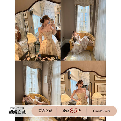 F boutique「house*cb」蔷薇花园天丝印花连衣裙+胸衣+蕾丝半裙