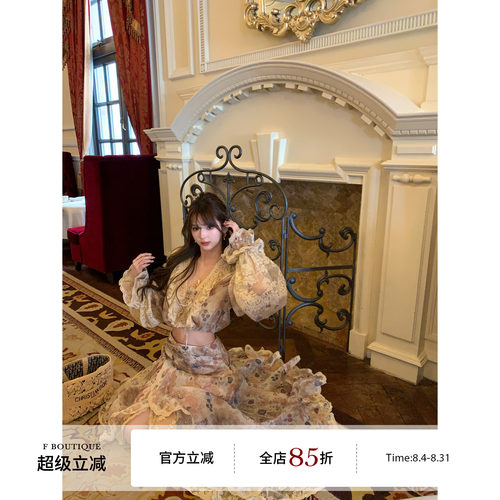 F boutique「zim油画印花」重工定制yb双股线蕾丝荷叶边上衣+半裙