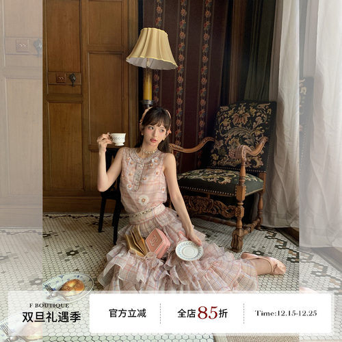 繁花格纹手工立体花朵衬衫套装