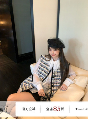 F boutique「巴黎茶会」中古对格定染亮片刺绣面料马甲+连衣裙