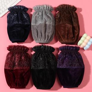 秋冬季防污蕾丝袖套短款女士上班干活用耐脏羽绒服深色金丝绒袖头