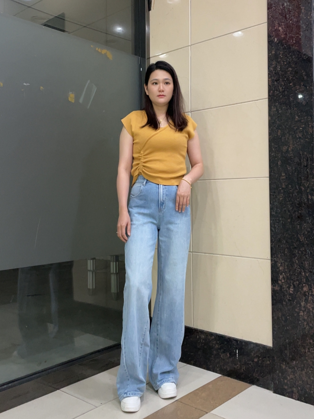 MiniBrand 2025韩国夏季新款浅蓝色高腰微弹力阔腿显瘦高腿直女裤