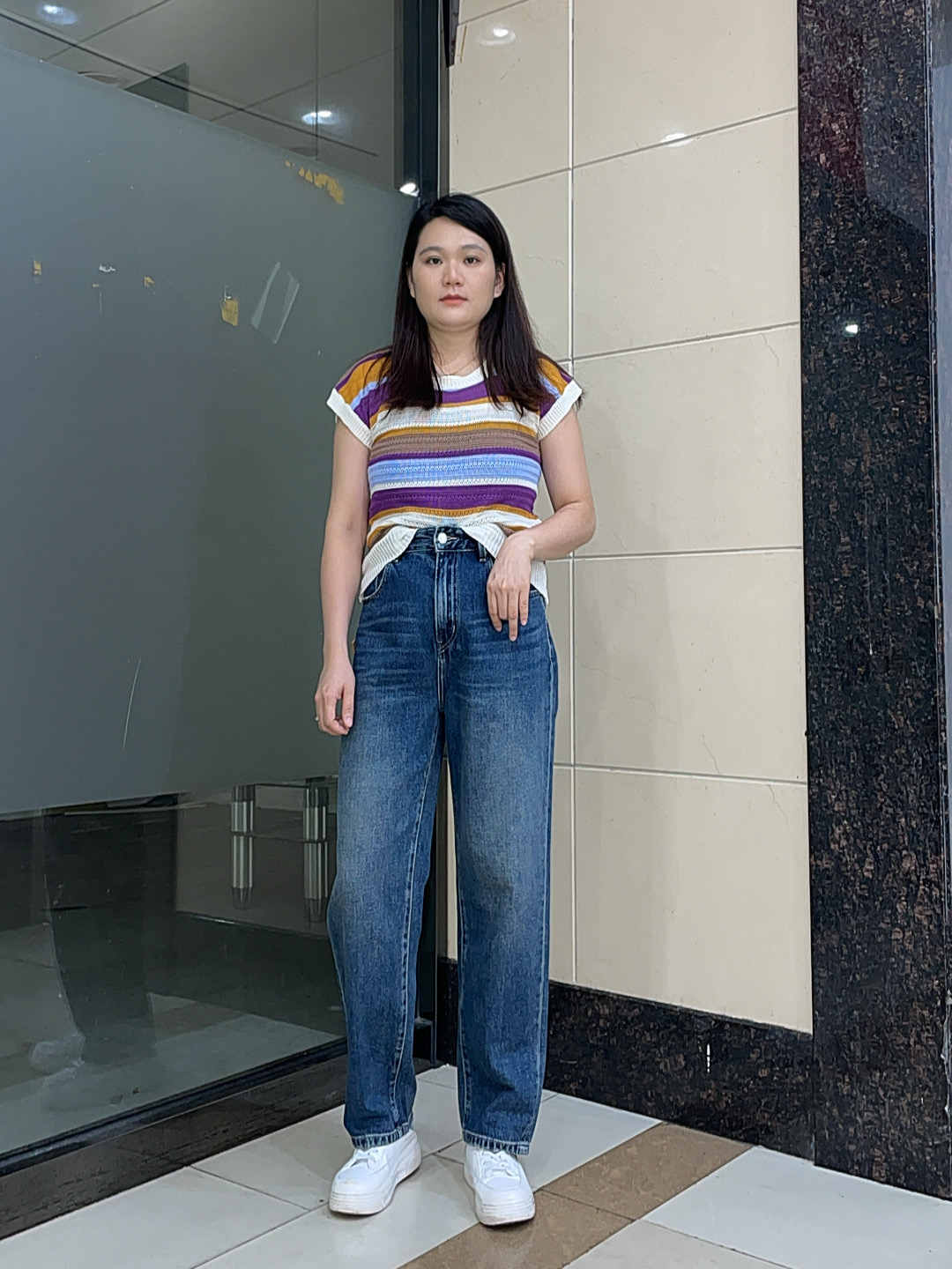 韩国 MiniBrand 蓝色显瘦夏季无弹力宽松直筒简约百搭男友裤