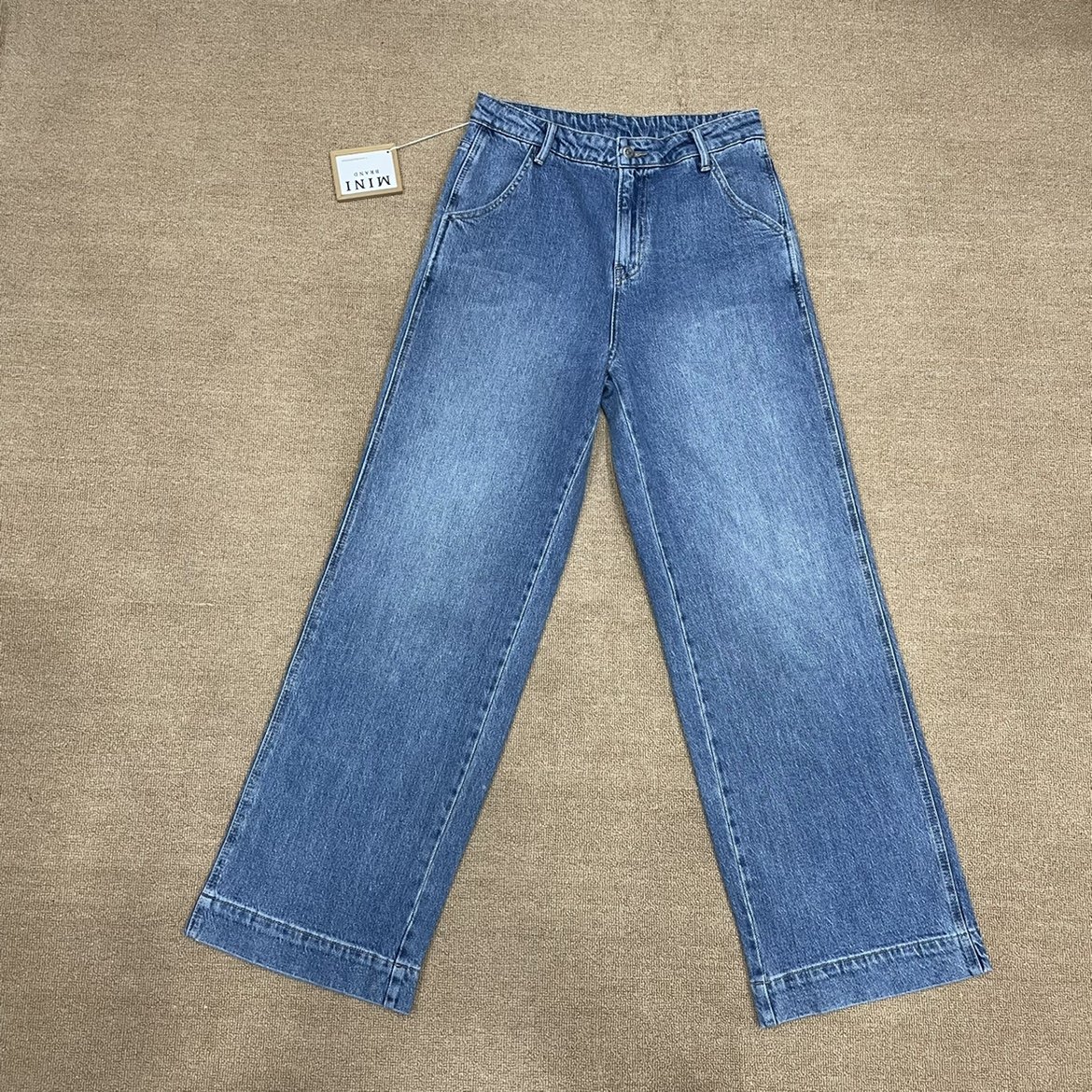 韩国 minibrand 秋季蓝色窄版阔腿宽松高腰简约百搭显瘦直筒长裤