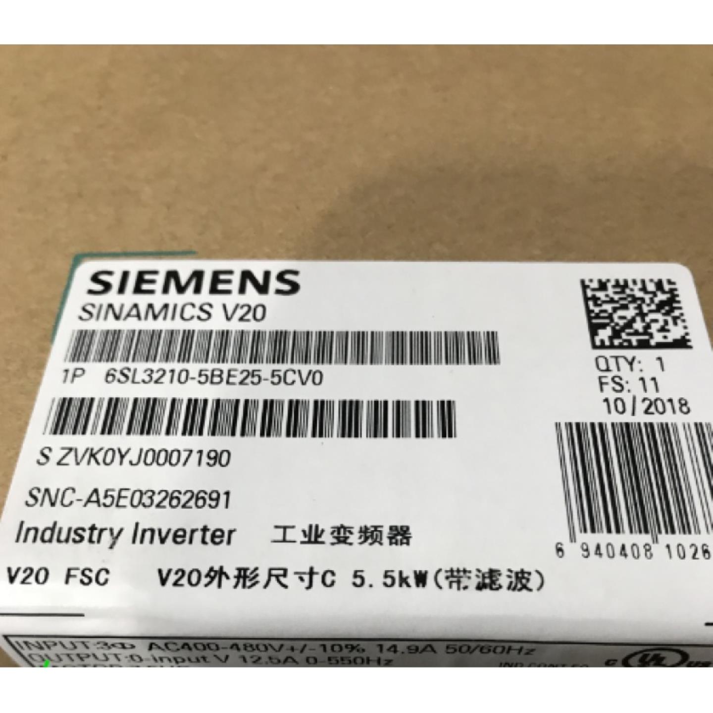 6SL3210-5BE25-5CV0西门子V20变频器全新原装6SL32105BE25询价