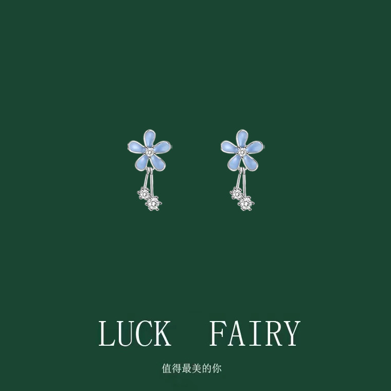 小清新甜美耳环女蓝色花朵耳钉夏