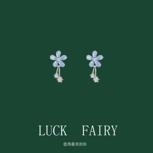S925纯银蓝色花朵耳钉女夏小清新甜美气质耳环小众设计高级感耳饰