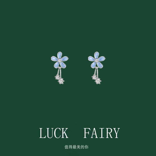小清新甜美耳环女蓝色花朵耳钉夏