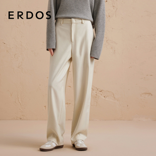 白色通勤直筒裤 ERDOS 冬女斜纹宽松休闲长裤 绒毛混纺