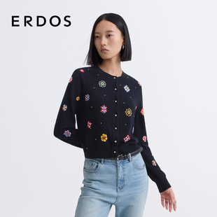 外套25年春新品 圆领撞色花朵提花针织开衫 ERDOS 女 春日羊绒
