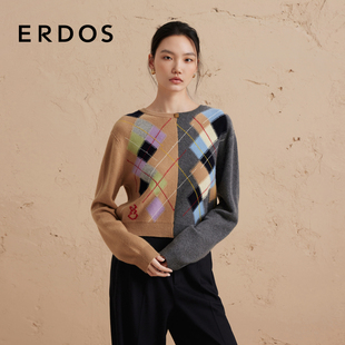 羊绒针织开衫 复古V领提花厚款 ERDOS 女秋冬 正反两穿