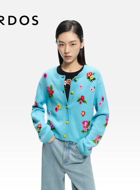 ERDOS 多巴胺提花女士圆领羊绒衫26年早春新品花朵手缝扣装饰外套