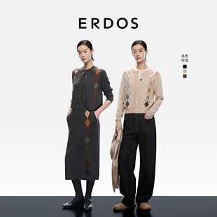 陈都灵同款 ERDOS 菱形格纹提花开衫 25年秋新品 圆领女羊绒衫