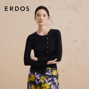 不规则套衫 女秋羊毛抽条修身 圆领斜门襟设计针织衫 ERDOS