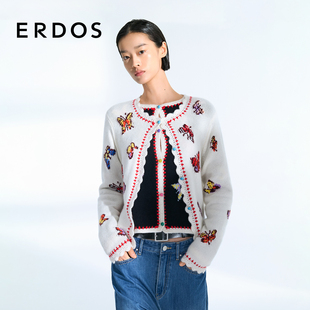 圆领撞色宽松针织外套女 ERDOS 蝴蝶提花羊绒开衫