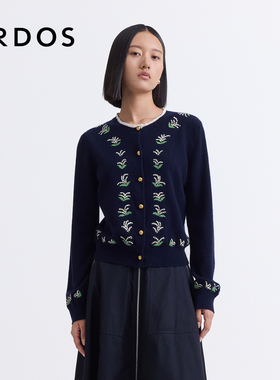 【铃兰花刺绣羊绒开衫】ERDOS 圆领藏蓝色针织毛衣女