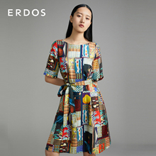 【桑蚕丝】ERDOS 连衣裙女圆领五分袖艺术印花设计及膝真丝中长裙图片
