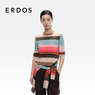 圆领夹条女士羊绒衫 饰针织套衫 25年秋冬新品 撞色条纹装 中袖 ERDOS
