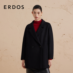 长款 女装 ERDOS 双面毛呢秋冬黑色立体裁剪 羊绒大衣