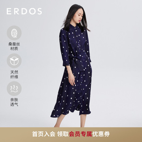 【桑蚕丝波点连衣裙】ERDOS 七分袖优雅长款真丝衬衫式连衣裙女商品大图