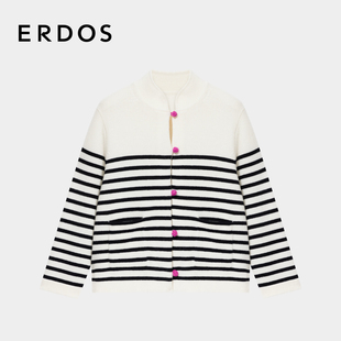厚款 秋冬女撞色盘扣长袖 外套 国风立领条纹羊绒针织开衫 ERDOS