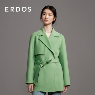 领直摆系带外套 西装 ERDOS 绒毛双面毛呢大衣女绿色短款