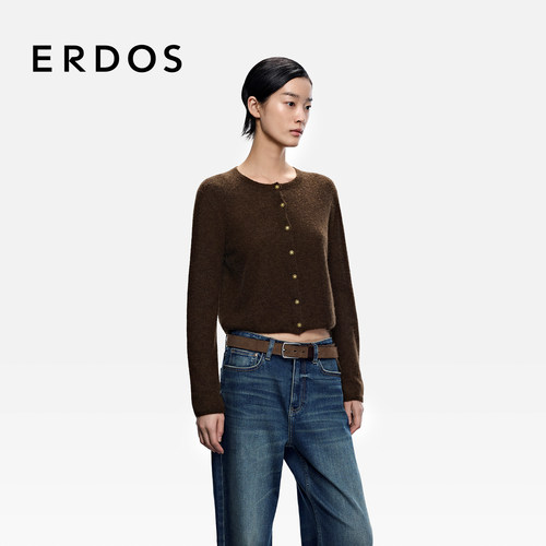 ERDOS 丝绒混纺圆领女士外搭25年秋冬新品罩衫针织开衫上衣外套