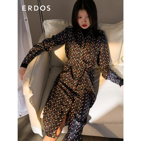 【桑蚕丝】ERDOS 21秋冬新款腰带装饰长袖印花女衬衫式真丝连衣裙商品大图