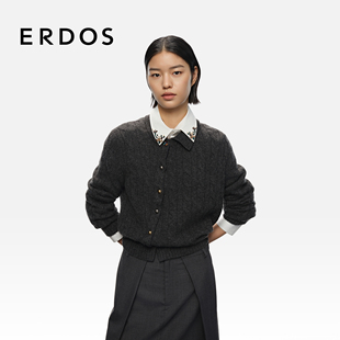 饰摩登开衫 ERDOS 花朵形胸针装 25年秋冬新品 小翻领绞花女士羊绒衫