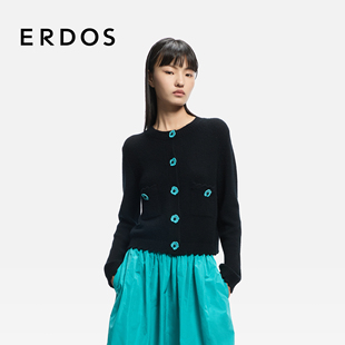 饰针织衫 ERDOS 撞色花朵纽扣装 2026年早春新品 外套 圆领女羊绒开衫