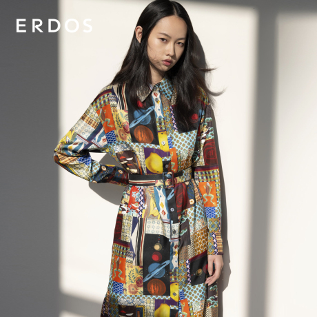 【桑蚕丝】ERDOS 秋冬时尚印花腰带装饰双侧插袋衬衫真丝连衣裙女商品大图