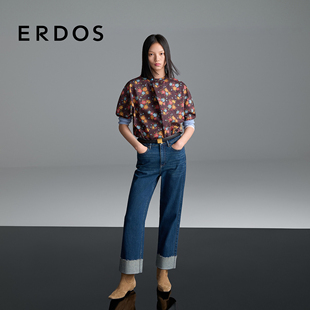 弹力翻边九分复古休闲直筒裤 ERDOS 25年秋冬新品 水洗牛仔裤 女装