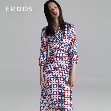 【桑蚕丝】ERDOS 通勤气质西装领印花真丝七分袖裹围式连衣裙女商品大图