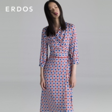 【桑蚕丝】ERDOS 通勤气质西装领印花真丝七分袖裹围式连衣裙女图片