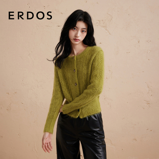 毛衣女冬 厚款 马海毛蚕丝针织开衫 ERDOS圆领复古绞花灯笼袖