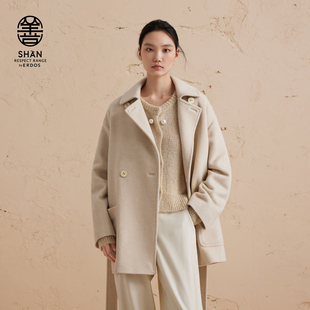 无染色羊绒短款 ERDOS翻领拉绒宽松系带毛呢大衣女秋冬 外套