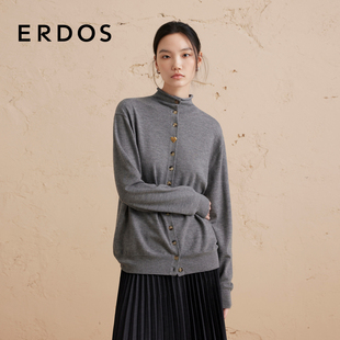 高领针织开衫 ERDOS 女秋灰色宽松纽扣外套 精纺羊绒