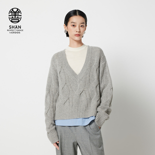 秋冬灰色V领绞花宽松厚款 羊绒牦牛绒混纺针织衫 毛衣 善系列 ERDOS