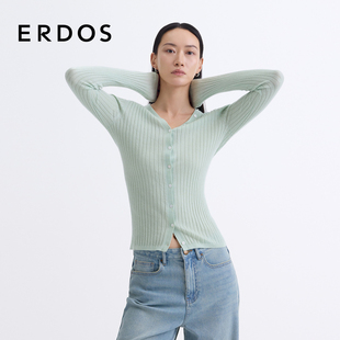 女绿色修身 丝绒混纺V领针织开衫 ERDOS 轻薄上衣 精纺